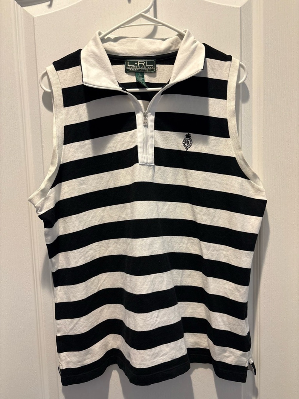 black and white striped sleeveless polo shirt from the L-RL Lauren Active line